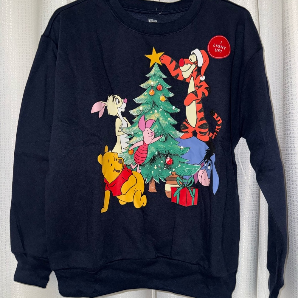 Disney Blue Crewneck Sweater with Christmas Characters lights up small women’s